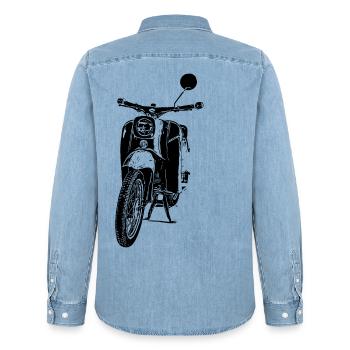 Schwalbe Moped - Männer Jeanshemd Organic von Stanley/Stella - verwaschenes Hellblau - Hinten - AI Model Male 185 light (185cm)