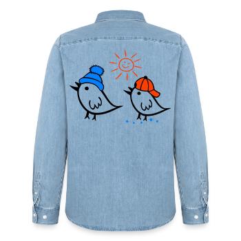 Spatz, Sonne, Frühling - Männer Jeanshemd Organic von Stanley/Stella - verwaschenes Hellblau - Hinten - AI Model Male 185 light (185cm)