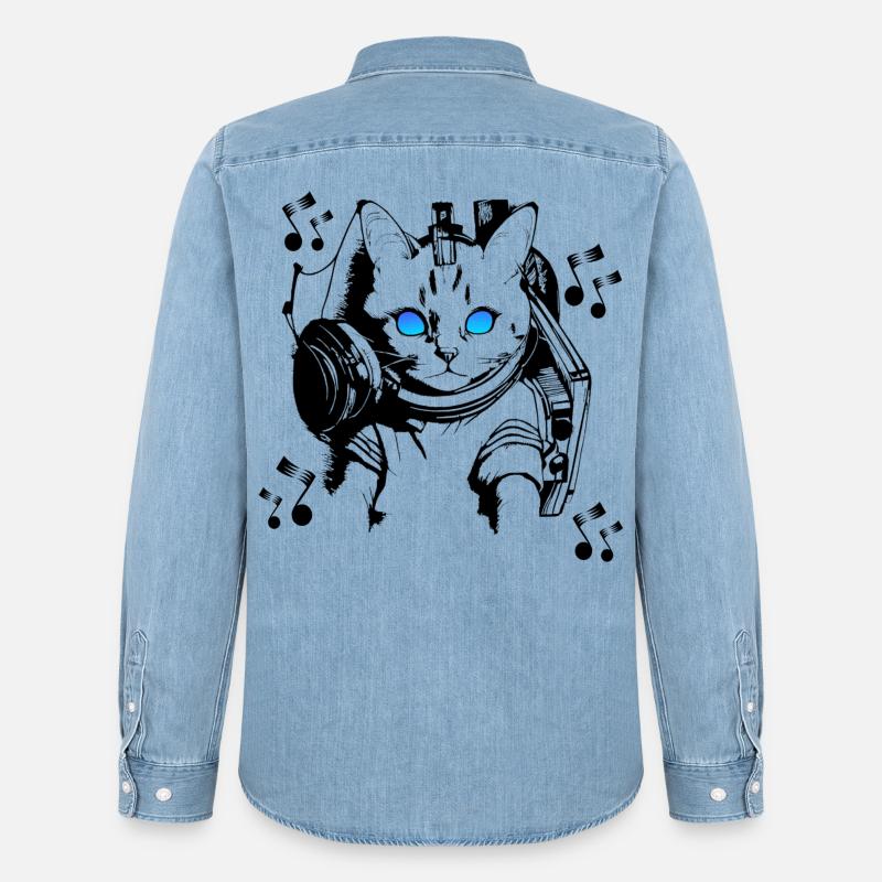 DJ Katze mit Kopfhörern - Männer Jeanshemd Organic von Stanley/Stella - verwaschenes Hellblau