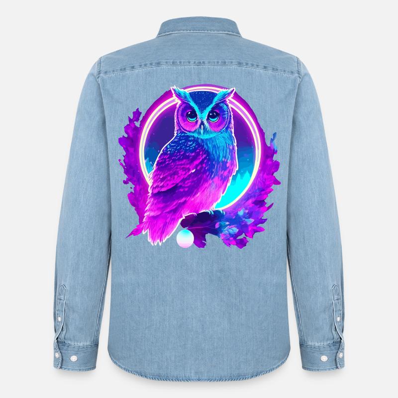 Eule Neon Moon Synthwave - Männer Jeanshemd Organic von Stanley/Stella - verwaschenes Hellblau