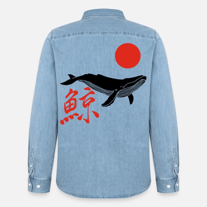 Balena franca e sole rosso - Camicia in denim uomo bio di Stanley/Stella - azzurro chiaro slavato