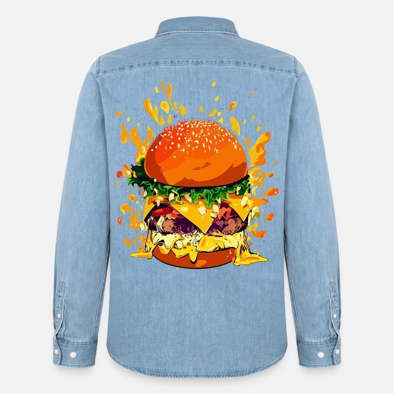 Extravaganter Cheeseburger mit Käse Splatter - Männer Jeanshemd Organic von Stanley/Stella - verwaschenes Hellblau