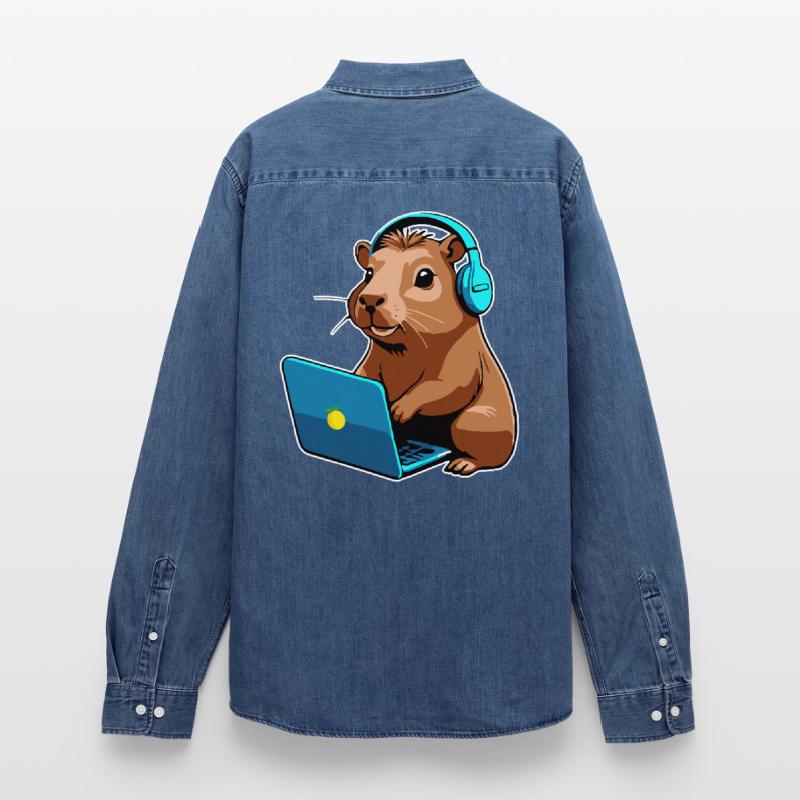 Capybara Programmer Coder Computer Men’s Organic Denim Shirt by Stanley/Stella