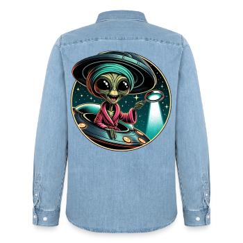 Détective extraterrestre à la lumière d’un OVNI - Chemise en denim homme bio Stanley/Stella - bleu clair délavé - Dos - AI Model Male 185 light (185cm)