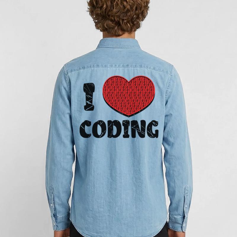 Code Developer Scripting Debug Heart Statement Men’s Organic Denim Shirt by Stanley/Stella