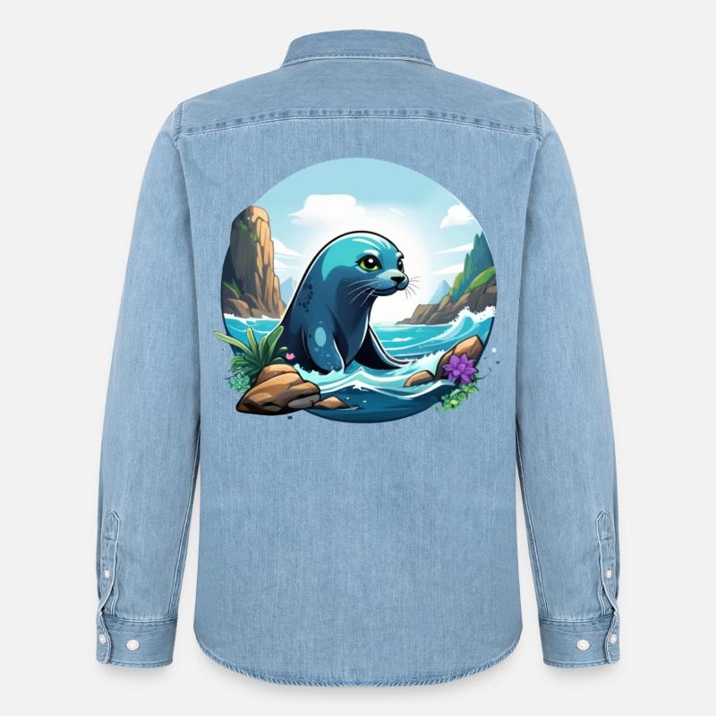 Robbe an der Küste - Männer Jeanshemd Organic von Stanley/Stella - verwaschenes Hellblau