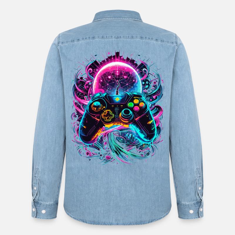 Synthwave Cyberpunk Gaming Controller - Männer Jeanshemd Organic von Stanley/Stella - verwaschenes Hellblau