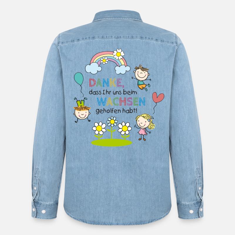 Spruch Abschied | Kinder - Regenbogen - Blumen - Männer Jeanshemd Organic von Stanley/Stella - verwaschenes Hellblau