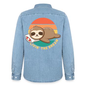 Drôle Heureux Paresseux Dormant Paresseux Vivant Le Rêve - Chemise en denim homme bio Stanley/Stella - bleu clair délavé - Dos - AI Model Male 185 light (185cm)