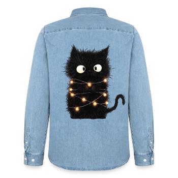 Lustige Lichterkette Katze Weihnachtsbaum Geschenk - Männer Jeanshemd Organic von Stanley/Stella - verwaschenes Hellblau - Hinten - AI Model Male 185 light (185cm)