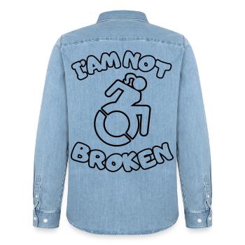 Ich sitze im Rollstuhl, aber ich bin nicht kaputt # - Männer Jeanshemd Organic von Stanley/Stella - verwaschenes Hellblau - Hinten - AI Model Male 185 light (185cm)