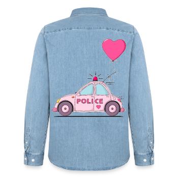 Police Heart Pink - Men’s Organic Denim Shirt by Stanley/Stella - light wash - Back - AI Model Male 185 light (185cm)