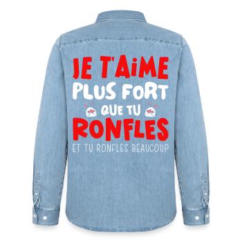 Saint Valentin 2026 Homme Femme Couple Ronfle - Chemise en denim homme bio Stanley/Stella - bleu clair délavé - Dos - AI Model Male 185 light (185cm)