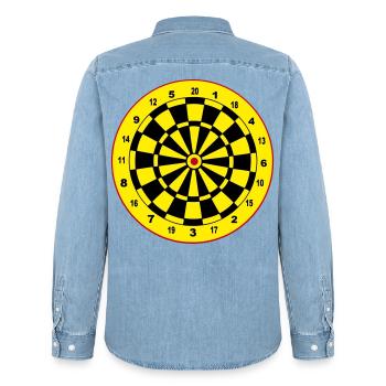 Darts, darts, darts, stickers, dartboard - Men’s Organic Denim Shirt by Stanley/Stella - light wash - Back - AI Model Male 185 light (185cm)