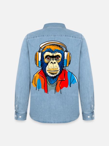 Singe avec casque - Chemise en denim homme bio Stanley/Stella - bleu clair délavé