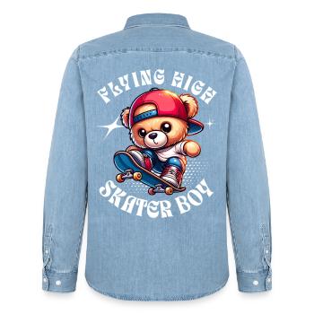 Skater teddy bear on skateboard - Men’s Organic Denim Shirt by Stanley/Stella - light wash - Back - AI Model Male 185 light (185cm)