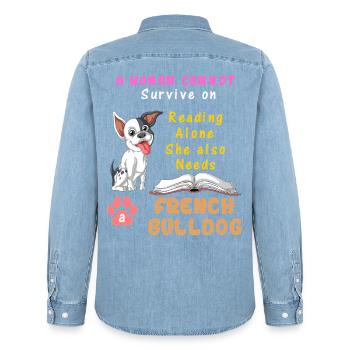 A Woman Needs French Bulldog – Reading & Dog Lover - Men’s Organic Denim Shirt by Stanley/Stella - light wash - Back - AI Model Male 185 light (185cm)