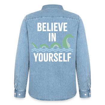Believe in Yourself - Men’s Organic Denim Shirt by Stanley/Stella - light wash - Back - AI Model Male 185 light (185cm)