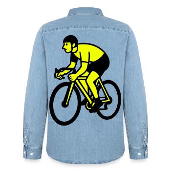 Neon Wheel Silhouette Cyclist - Men’s Organic Denim Shirt by Stanley/Stella - light wash - Back - AI Model Male 185 light (185cm)