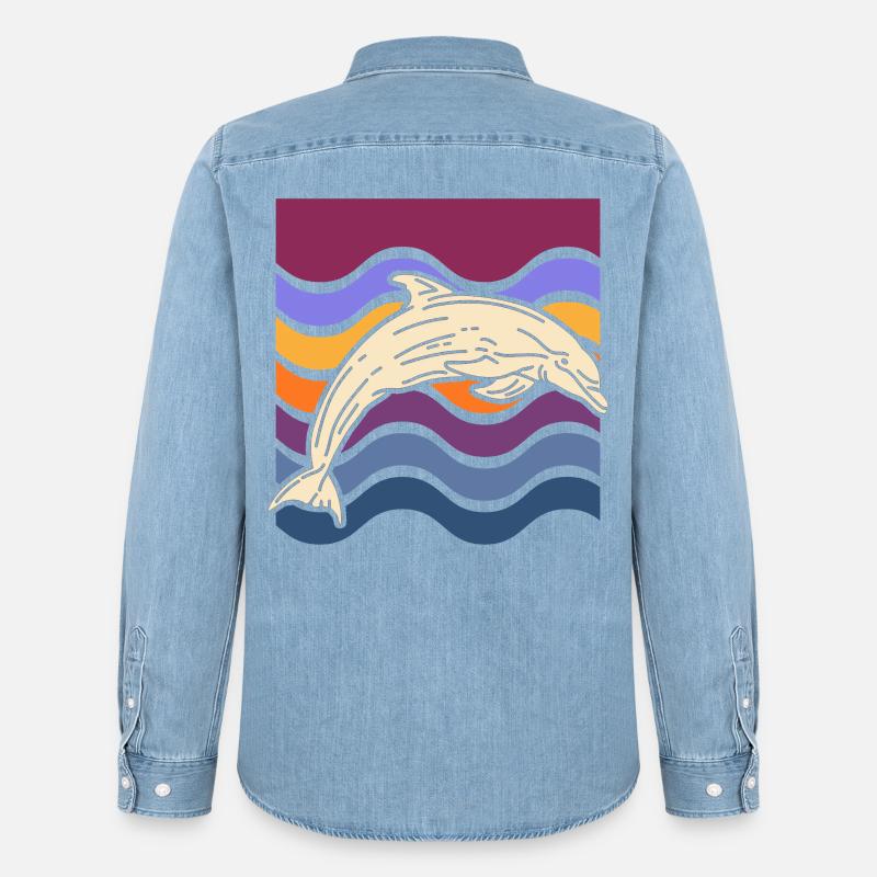 Delfin auf farbigen Wellen - Männer Jeanshemd Organic von Stanley/Stella - verwaschenes Hellblau