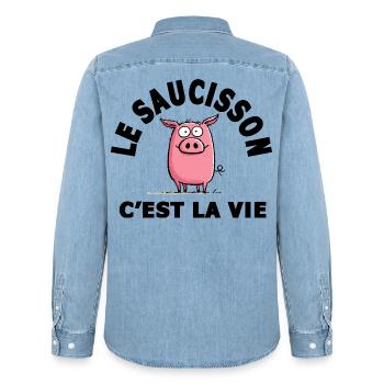 le saucisson c'est la vie humour - Chemise en denim homme bio Stanley/Stella - bleu clair délavé - Dos - AI Model Male 185 light (185cm)