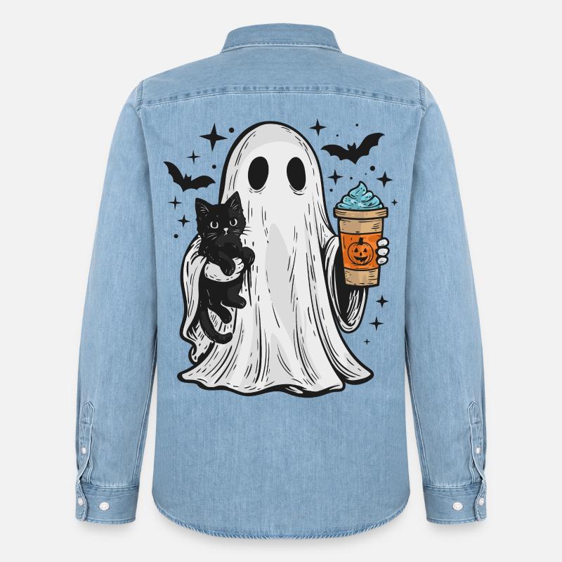 Halloween-Geist mit Katze und Kaffee - Männer Jeanshemd Organic von Stanley/Stella - verwaschenes Hellblau