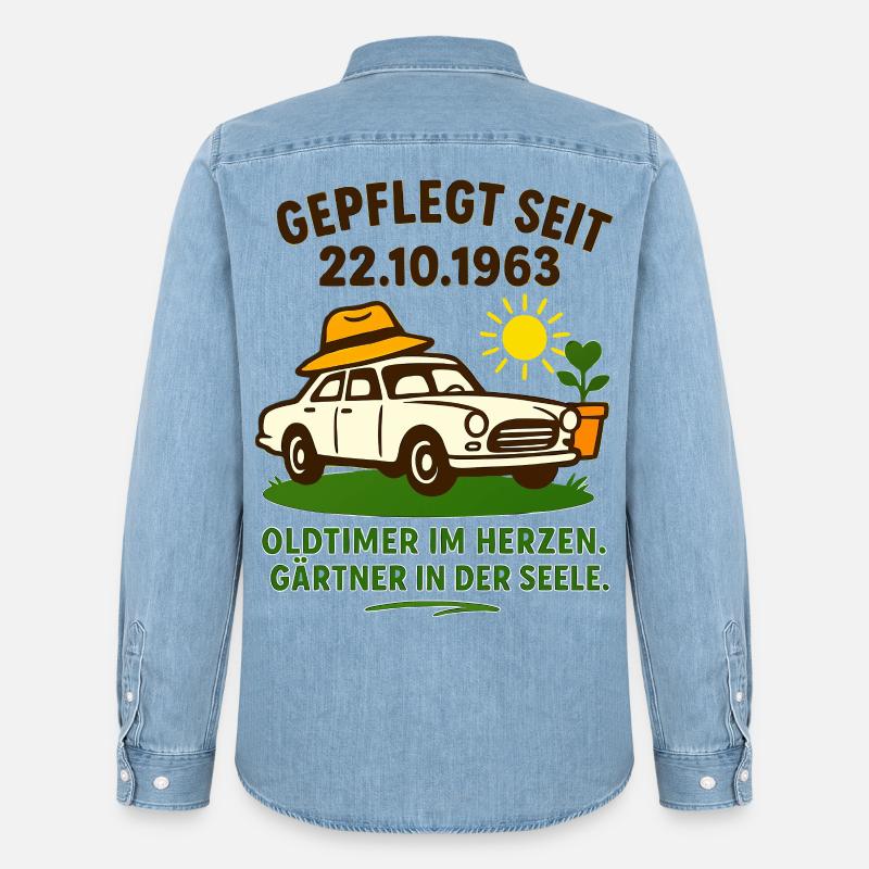 Oldtimer Herzgarten Spruch - Männer Jeanshemd Organic von Stanley/Stella - verwaschenes Hellblau