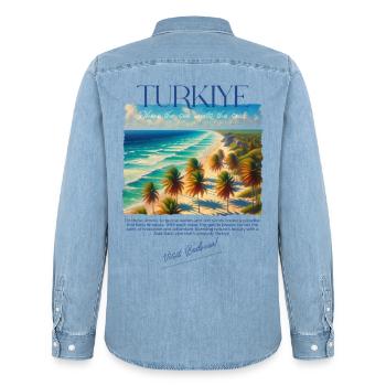 Turkey Bodrum Beach Holiday Design – Visit Bodrum - Men’s Organic Denim Shirt by Stanley/Stella - light wash - Back - AI Model Male 185 light (185cm)