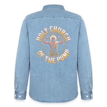 Sanctifiés soient tes gains - Funny Jesus Gym Meme - Chemise en denim homme bio Stanley/Stella - bleu clair délavé - Dos - AI Model Male 185 light (185cm)
