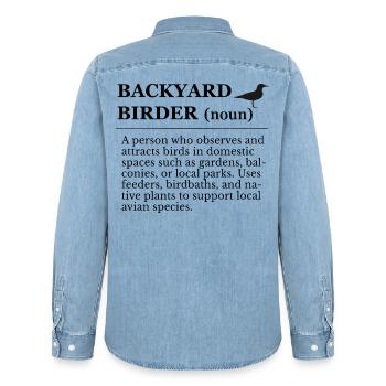 Bird watching in the garden - Men’s Organic Denim Shirt by Stanley/Stella - light wash - Back - AI Model Male 185 light (185cm)