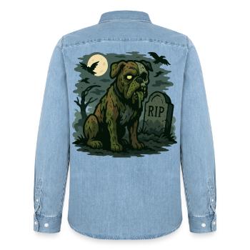 Zombie Bulldog - Chien mort-vivant Halloween Design. - Chemise en denim homme bio Stanley/Stella - bleu clair délavé - Dos - AI Model Male 185 light (185cm)