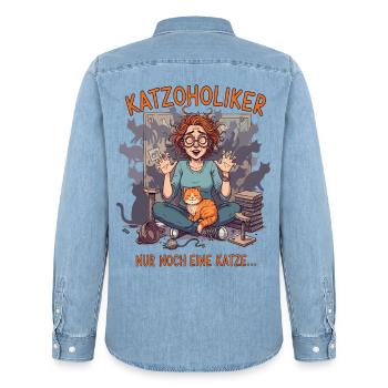 Katzoholiker Nur noch eine Katze - Lustiger Spruch - Männer Jeanshemd Organic von Stanley/Stella - verwaschenes Hellblau - Hinten - AI Model Male 185 light (185cm)