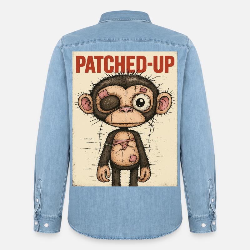 Patchwork Affe: Gepatcht und Tapfer - Männer Jeanshemd Organic von Stanley/Stella - verwaschenes Hellblau
