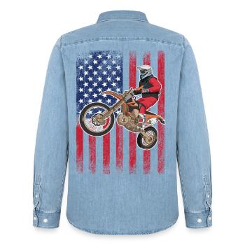 Dirt Biking USA Flag  - Men’s Organic Denim Shirt by Stanley/Stella - light wash - Back - AI Model Male 185 light (185cm)