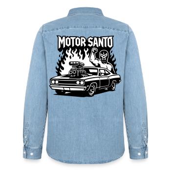 Motor Santo Fire Hotrod - Men’s Organic Denim Shirt by Stanley/Stella - light wash - Back - AI Model Male 185 light (185cm)