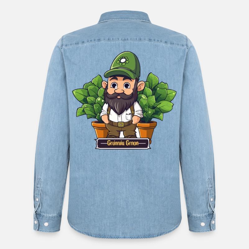 Grüner Gärtnergnom Comic - Männer Jeanshemd Organic von Stanley/Stella - verwaschenes Hellblau
