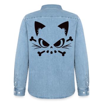 Cats Skull | Minimal Skull & Bones motif - Men’s Organic Denim Shirt by Stanley/Stella - light wash - Back - AI Model Male 185 light (185cm)