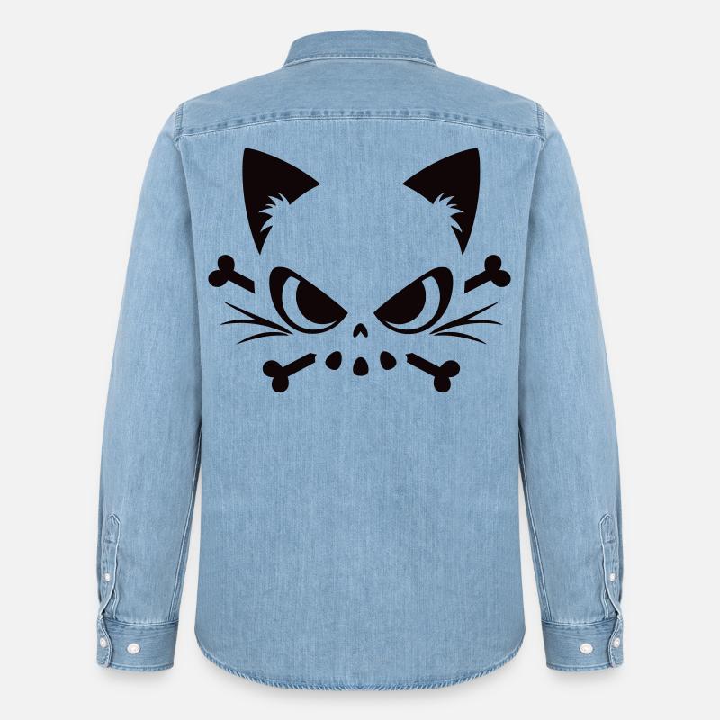 Crâne de chat | Motif minimaliste de Skull & Bones - Chemise en denim homme bio Stanley/Stella - bleu clair délavé