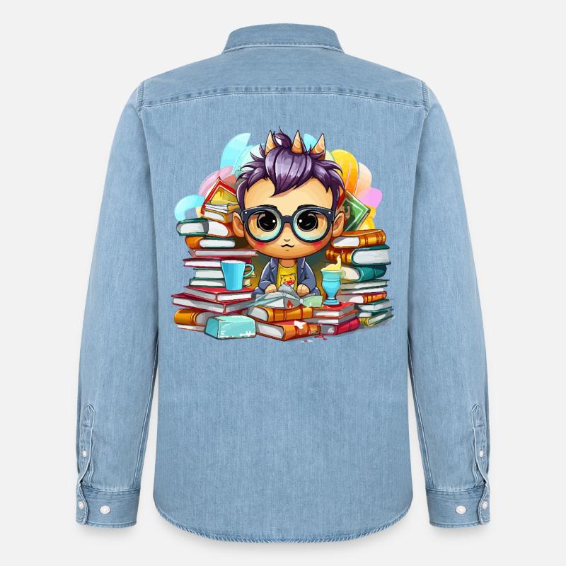 Lernheld Chibi mit Büchern - Männer Jeanshemd Organic von Stanley/Stella - verwaschenes Hellblau