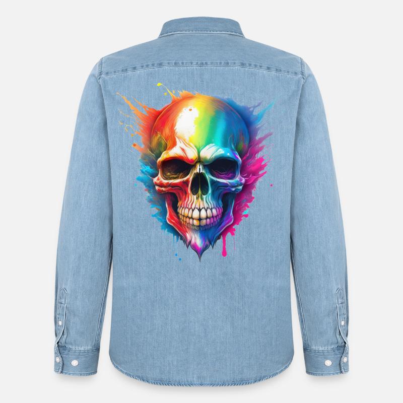 Regenbogen-Schädel Farbexplosion - Männer Jeanshemd Organic von Stanley/Stella - verwaschenes Hellblau
