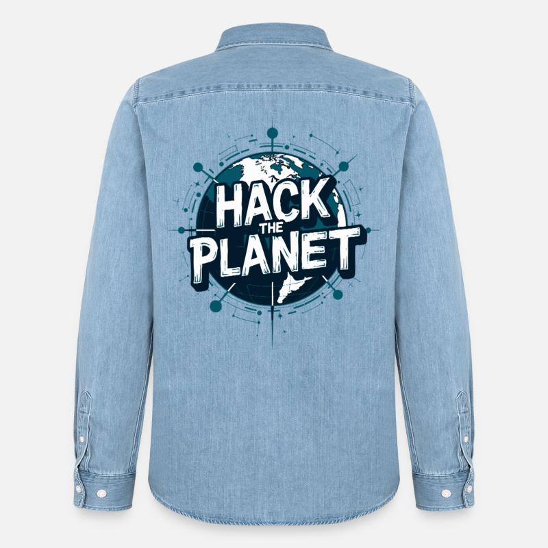 Globus Hack Motiv – Planetärer Techstil - Männer Jeanshemd Organic von Stanley/Stella - verwaschenes Hellblau