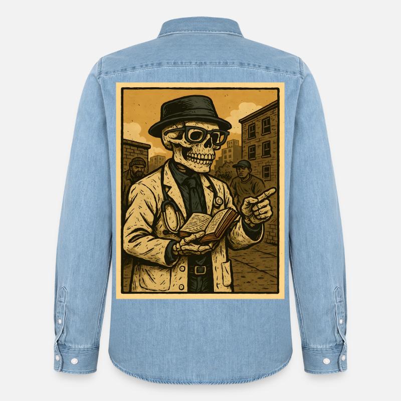Dottore scheletro con libro in stile retrò - Camicia in denim uomo bio di Stanley/Stella - azzurro chiaro slavato
