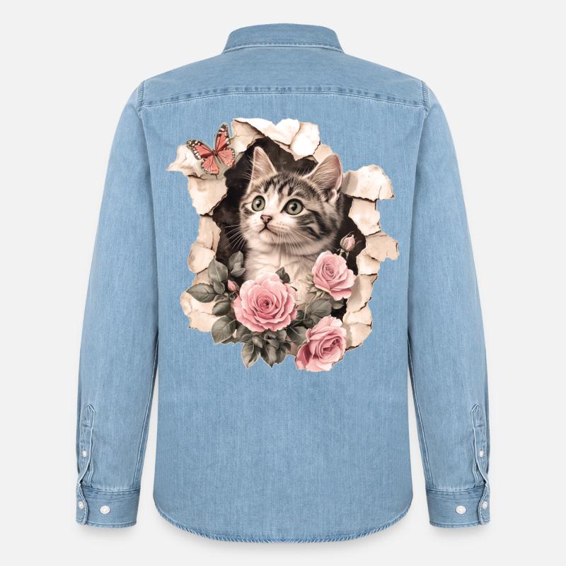 Gatto e farfalla - Camicia in denim uomo bio di Stanley/Stella - azzurro chiaro slavato