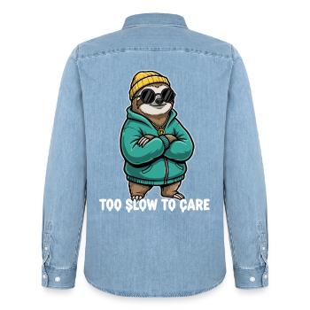 Too Slow To Care Sloth - Men’s Organic Denim Shirt by Stanley/Stella - light wash - Back - AI Model Male 185 light (185cm)
