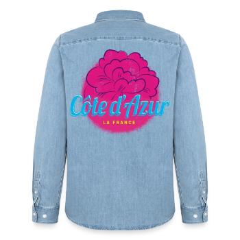 Côte d'Azur Retro Oleander France Souvenir - Chemise en denim homme bio Stanley/Stella - bleu clair délavé - Dos - AI Model Male 185 light (185cm)