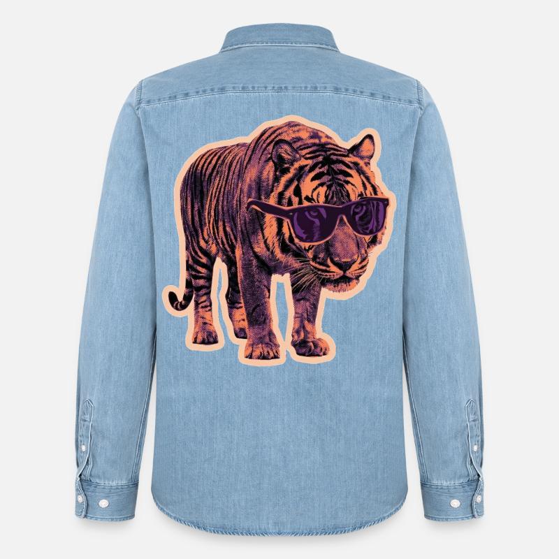 Tiger Sonnenbrille Risographie - Männer Jeanshemd Organic von Stanley/Stella - verwaschenes Hellblau