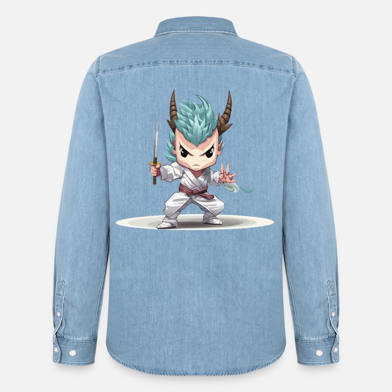 Chibi Krieger mit Katana - Männer Jeanshemd Organic von Stanley/Stella - verwaschenes Hellblau