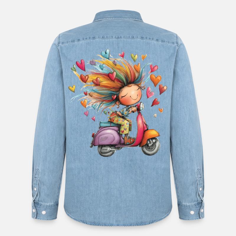 Rollerliebe - Mädchen auf Roller – bunter Sommer - Männer Jeanshemd Organic von Stanley/Stella - verwaschenes Hellblau