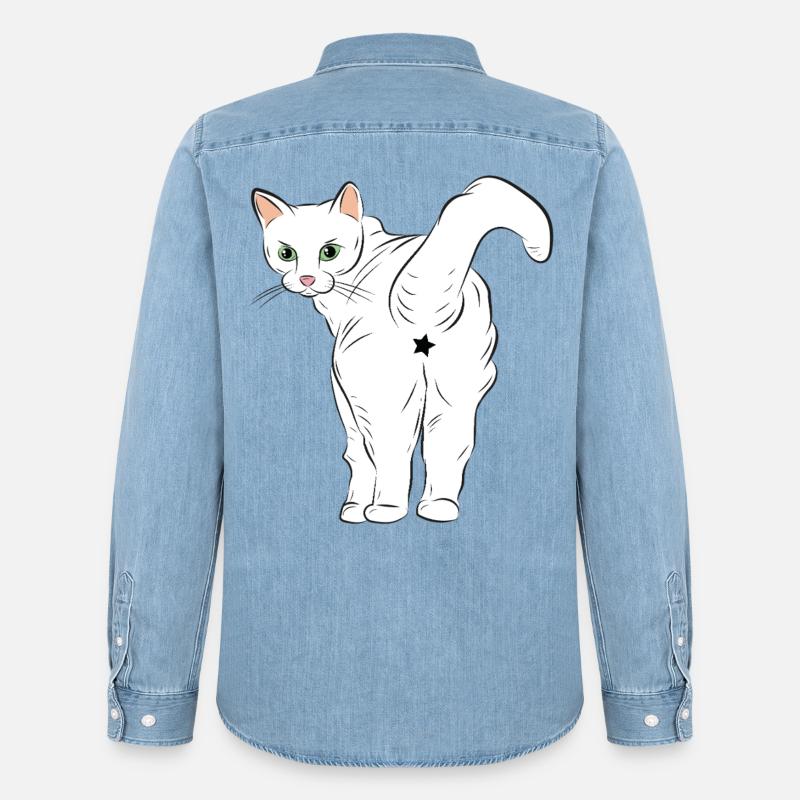 Weiße Katze mit Sternlogo - Männer Jeanshemd Organic von Stanley/Stella - verwaschenes Hellblau
