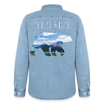 Alaskan Bear With Lake and Mountain Alaska - Men’s Organic Denim Shirt by Stanley/Stella - light wash - Back - AI Model Male 185 light (185cm)